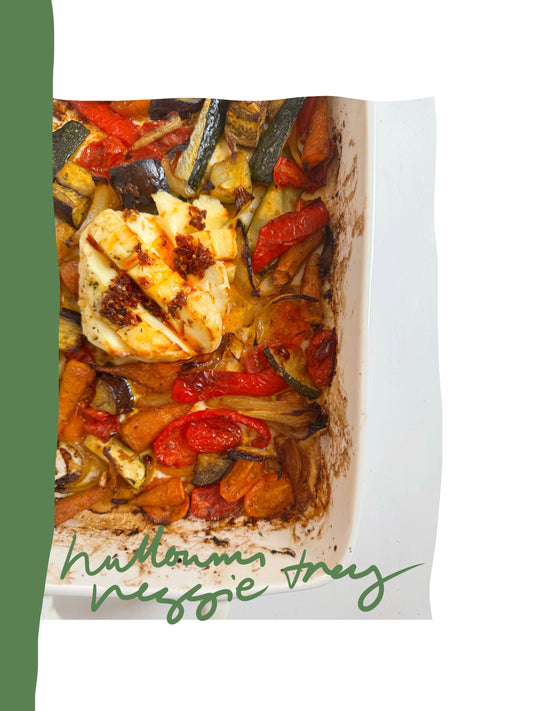 Hot Honey Halloumi & Veggie Tray Bake with Chilli Sambal