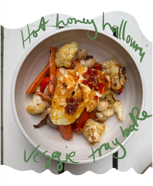 Hot Honey Halloumi & Veggie Tray Bake with Chilli Sambal