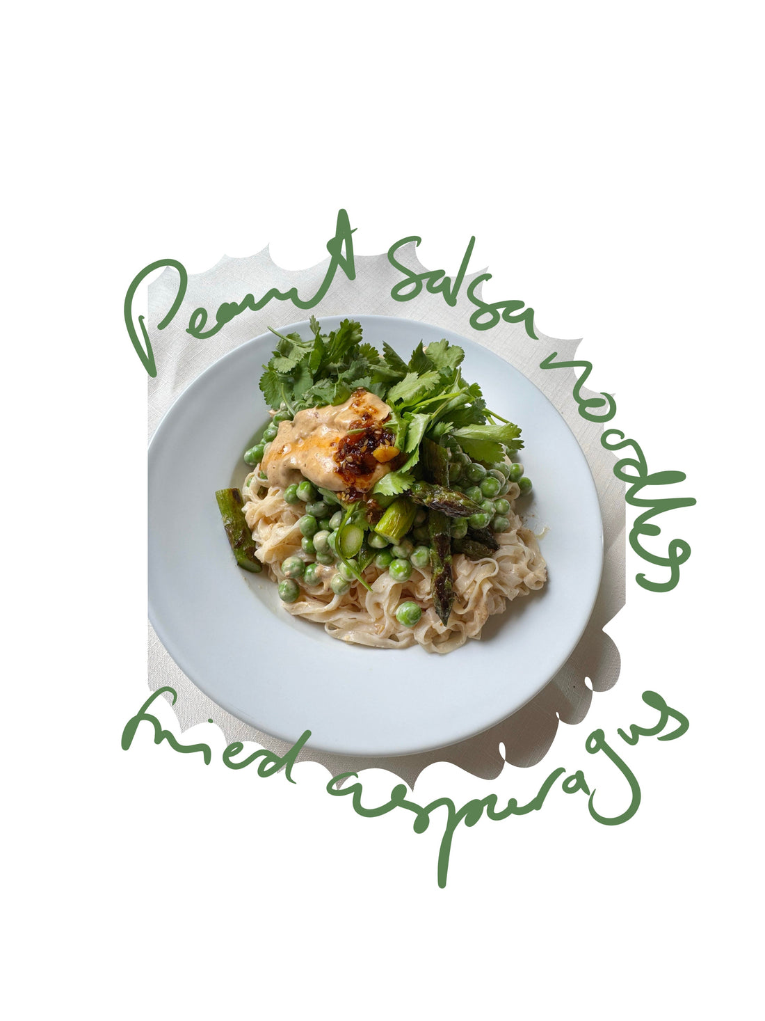 Peanut noodles with charred asparagus, peas, fresh coriander and spicy peanut salsa.