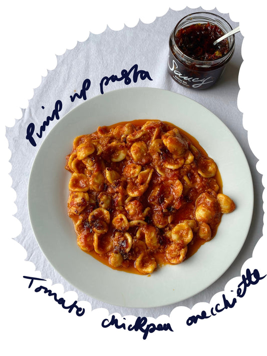Tomato chickpea orecchiette pasta with tomato sauce, chickpeas and chilli oil.