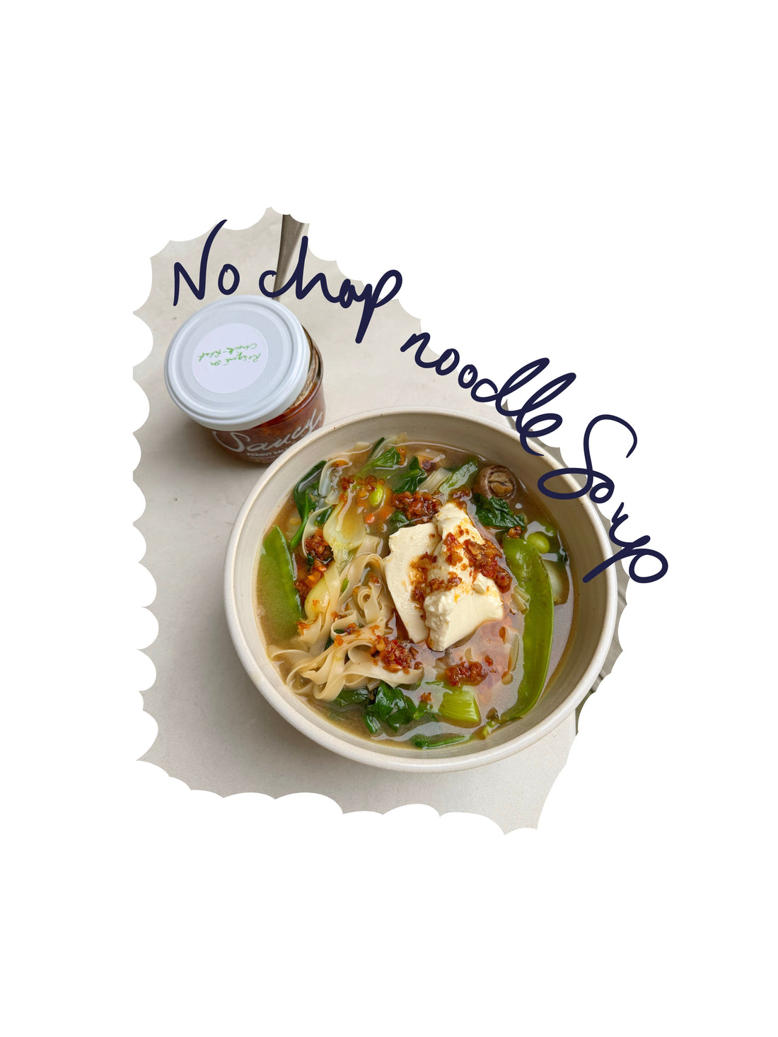 Noodle soup with mushrooms, greens, rice noodles, silken tofu and Peanut Salsa.