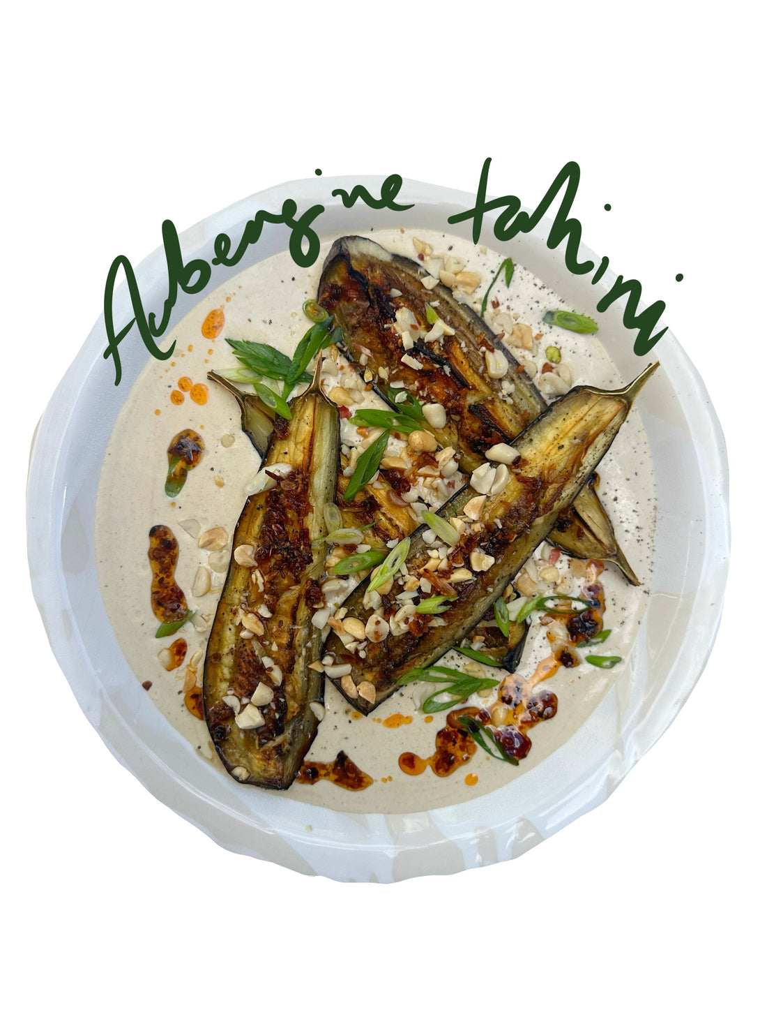 Aubergine with tahini and chilli sambal, topped with chopped peanuts and spring onion