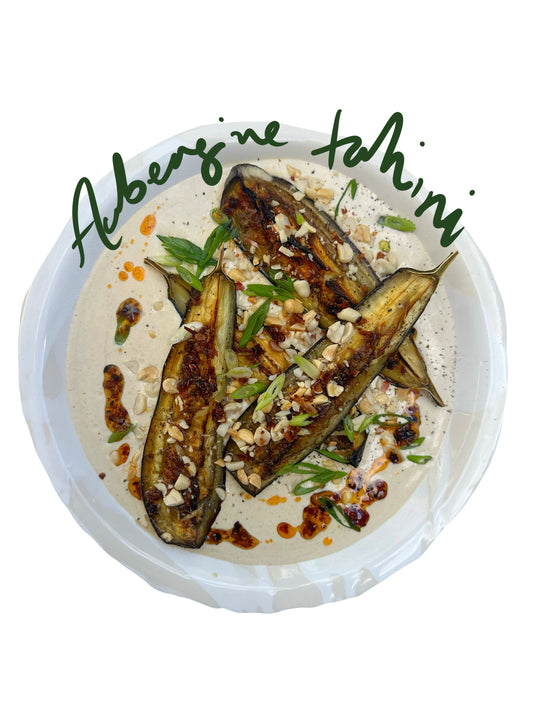 Aubergine with tahini and chilli sambal, topped with chopped peanuts and spring onion