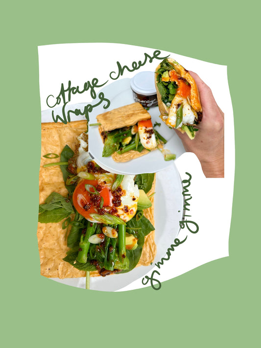Cottage cheese wrap with greens, egg, avocado, broccoli and Peanut Salsa.
