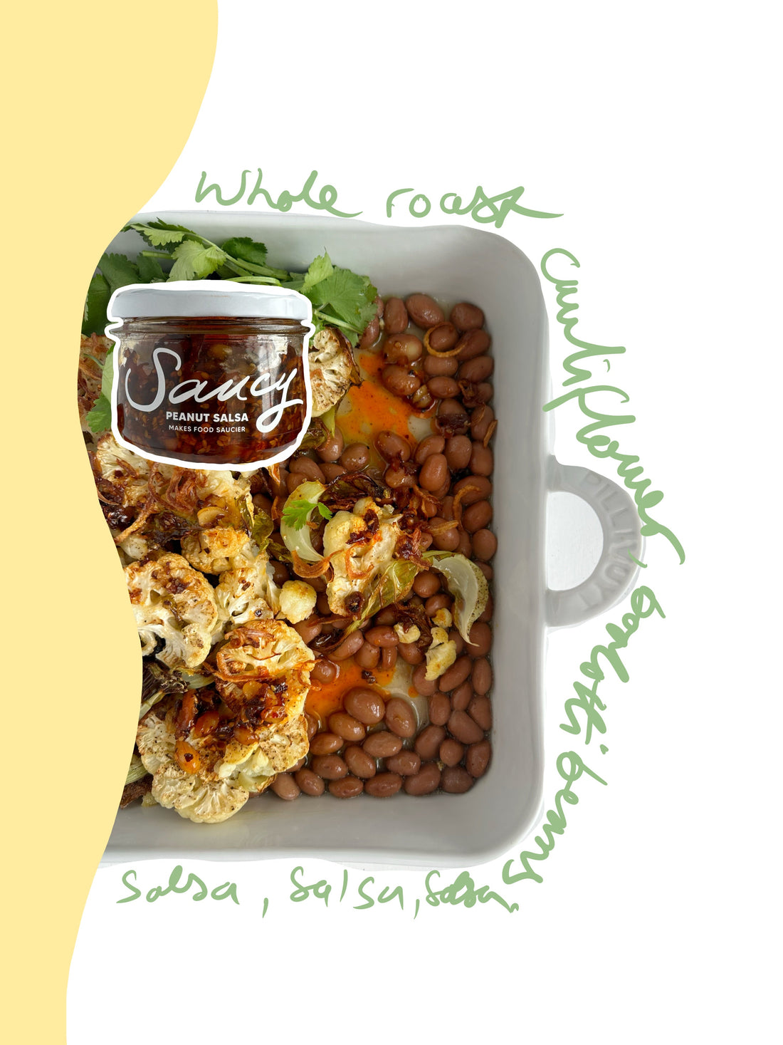 Roasted cauliflower steaks served with borlotti beans and peanut salsa, alongside a jar of Saucy sauce