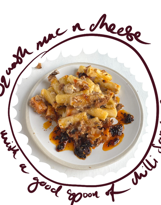Squash Mac N Cheese with crispy sourdough crumbs and Chilli Sambal