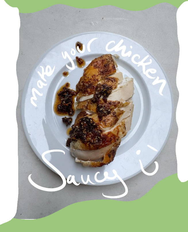Sliced roast chicken with chili sambal on a plate
