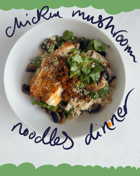 Chicken mushroom noodles with fried chicken, mushrooms, rice noodles, fresh coriander, spring onion, sesame seeds and Saucy Smoked Cashew