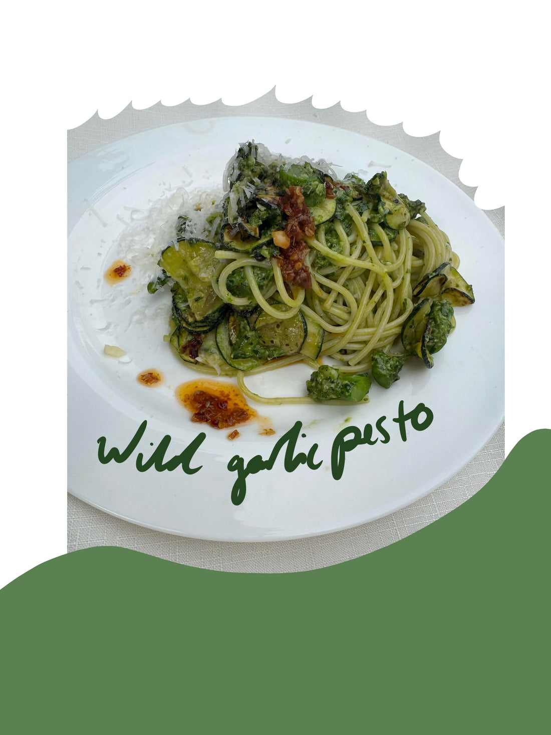 Wild garlic pesto spaghetti with spring greens and Peanut Salsa